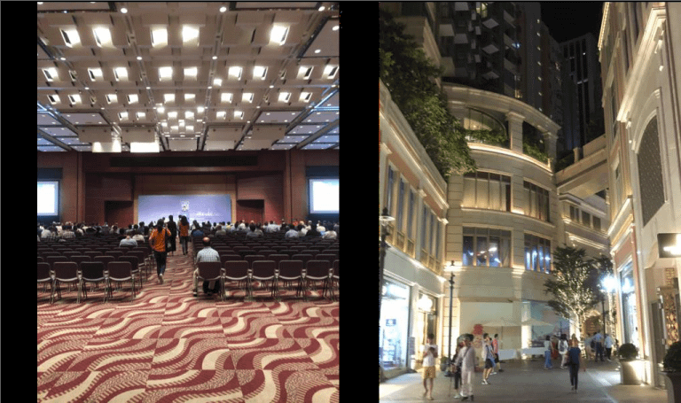 (A sinistra) La sede della sessione plenaria e del banchetto. (A destra) Il paesaggio urbano di Hong Kong vicino all'hotel.